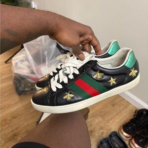 Gucci Black Leather Sneakers with Red-Green Web and Metallic Green Heel
